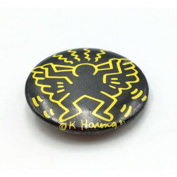 Keith Haring Flying Angel Pin Back Button Black & Yellow Vintage 1987 Pop Art - Picture 3 of 5